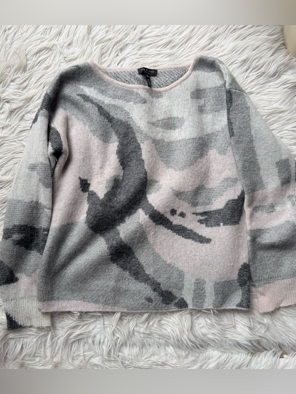 Rag & Bone Mohair Alpaca Wool Blend Abstract Intarsia Camo Sweater S Gray Pink